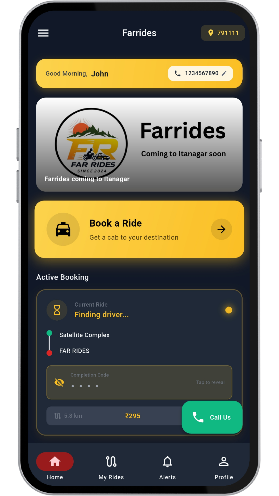 Farrides app home screen showing active booking and ride details